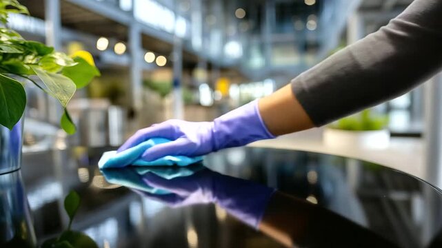 Sustainable cleaning concept &mdash; gloved hand cleaning reflective surface with plant-based solution, clean industrial environment, soft depth of field, with copy space.