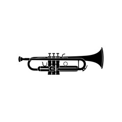 Naklejka premium Classic black trumpet silhouette, detailed brass wind instrument, side profile, musical icon.