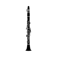 Elegant black clarinet woodwind instrument with intricate silver keys and flared bell.
