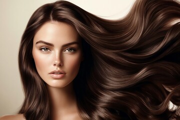Fototapeta premium Close-up portrait showcasing elegant brunette with flowing hair on light background. Soft lighting emphasizes smooth texture and natural beauty of hair. Neural network AI generated