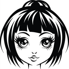 Young stylized girl with bangs and big eyes poses in solid black