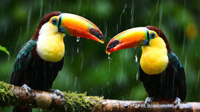 Two toucans sharing a moment in the rain