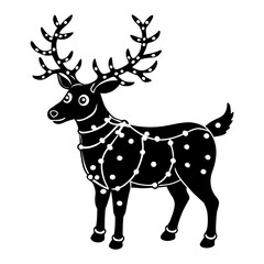 reindeer tangled in lights silhouette vector illustration