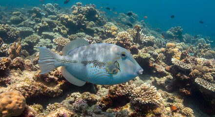 Fototapeta premium Underwater scene a fish swimming near coral reefs in clear water