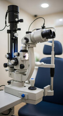 Fototapeta premium Close up of a slit lamp microscope. Medical examination equipment for ophthalmology. Eye care and vision testing in clinics.