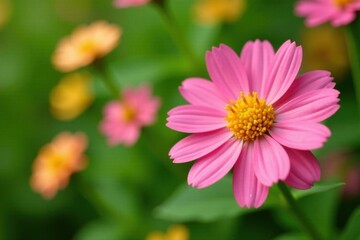 Obraz premium Close-up, cheerful pink & yellow flowers on green Ample copy space , floral, beautiful, bright