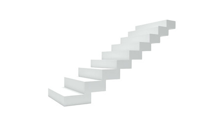 A simple, white staircase ascends against a stark black background, creating a minimalist scene