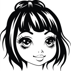 Stylish cartoon face of a woman with big eyes has an outlined appearance