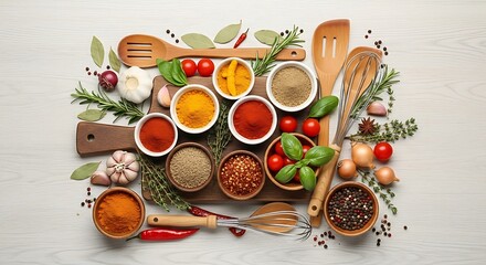 Colorful array of spices and herbs with wooden kitchen utensils