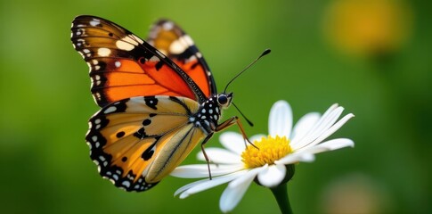 Obraz premium Close-up of painted lady butterfly sipping nectar from daisy , summer, photography, petal