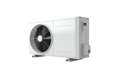 Side view of a modern white outdoor unit with a fan and panel structure
