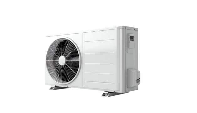 Side view of a modern white outdoor unit with a fan and panel structure