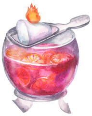 Punch with fire tongs. Feuerzangenbowle. Watercolor hand drawing painted illustration.