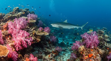 Fototapeta premium Underwater scene with a shark and colorful coral reef ecosystem