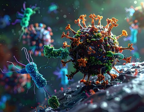 Microscopic view of bacteria and viruses amidst a colorful environment