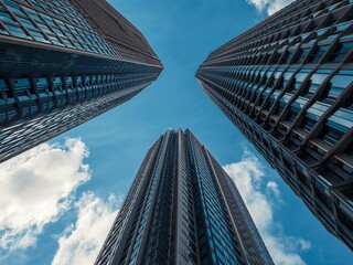 下から見上げたタワーマンションと青空（日中）
