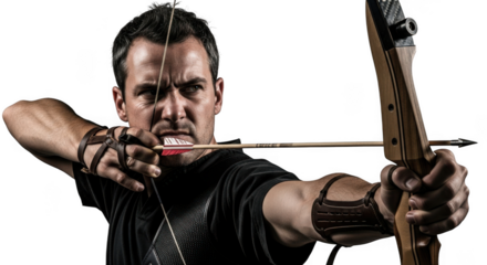 Archery Man Aiming with Bow and Arrow – Focused Archer Pose Transparent Background