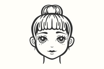 Monochromatic illustration shows a young girl with her hair in a bun neatly done