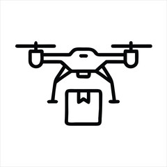 Drone Carrying Small Delivery Box Outline Vector Icon for UAV Delivery, Logistics, and E-commerce Package Transport
