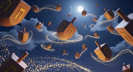 Whimsical hanukkah dreidels spinning and flying through a starry night sky with a full moon above