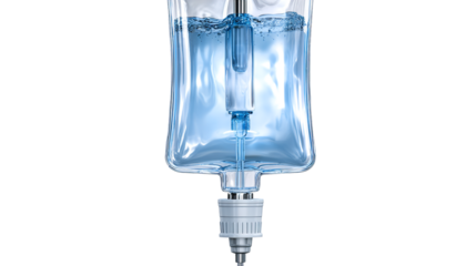 Medical IV bag with clear fluid and tubing IV bag isolated on a transparent background