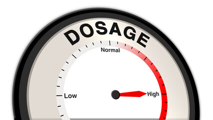 Dosage at high severity displayed on a barometer or tachometer, reflecting high medication doses that require precise monitoring to avoid adverse effects or overdose, with focus on medical supervision