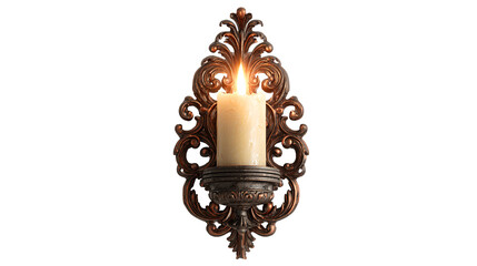 Ornate wall sconce with a lit candle on a white background isolated on a transparent background