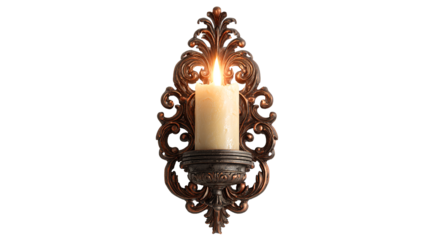 Ornate wall sconce with a lit candle on a white background isolated on a transparent background
