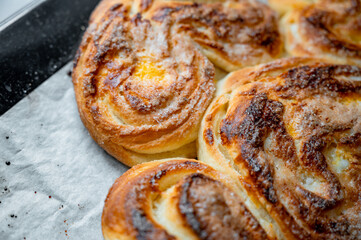 Freshly baked golden buns close-up. Homemade pastry with crispy crust and soft texture, delicious bakery concept.