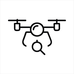 Drone with Magnifying Glass Outline Vector Icon for Aerial Search, Reconnaissance, and UAV Inspection Missions