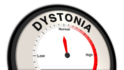 Dystonia at normal severity shown on a barometer or tachometer, reflecting moderate symptoms like mild muscle tension or occasional spasms, with focus on therapy, management, and monitoring