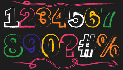 Colorful Hand Drawn Numbers and Symbols on Black Background Design