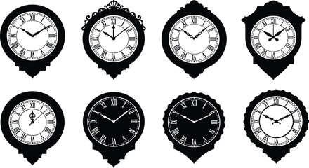 Black silhouette vector illustration of decorative analog clocks with Roman numerals, vintage retro timepieces, ornate design icons, punctuality, education, time management concepts
