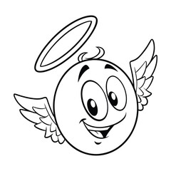 Minimalistic line art of a smiling carton angel face with a halo and wings, perfect for icons or simple illustrations.