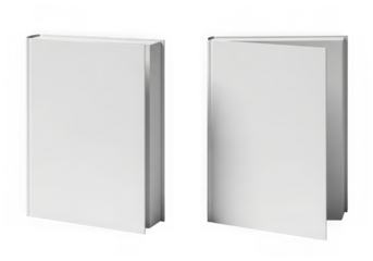 Two blank white books open and closed showing cover and pages detail isolated on transparent background