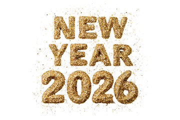Thick Gold Glitter Happy New Year 2026 Date, isolated on a transparent background.