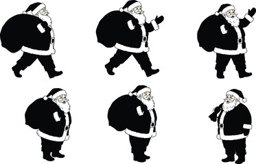 Cartoon Santa Claus carrying gift sack in multiple festive poses, Christmas holiday character illustration set for celebration, decoration, greeting design