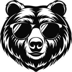 Sleek bear head with sunglasses displays a striking contrast in black and white detail