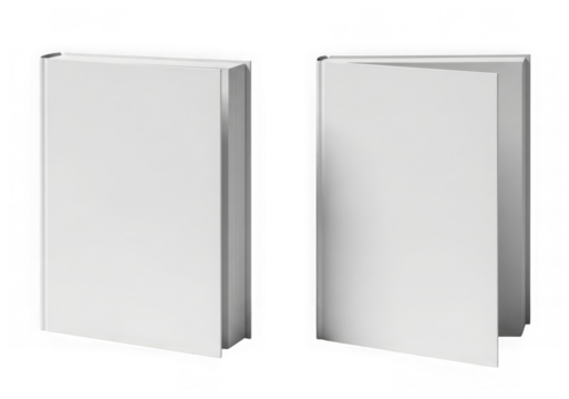 Two blank white books open and closed showing cover and pages detail isolated on transparent background