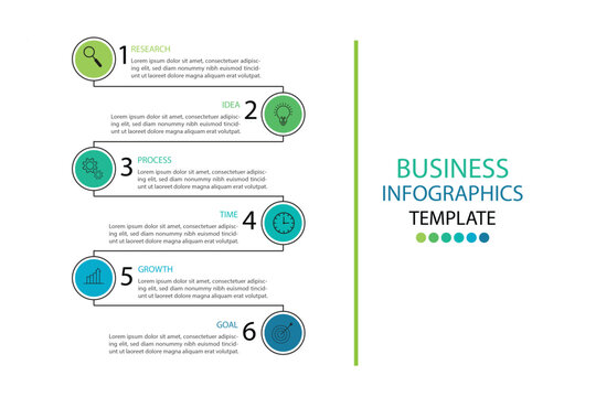 Editable business infographic template design with 6 steps. Infographic template which can be used for presentations banners, workflow layout, annual report, web design.