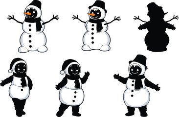 Cartoon snowman characters in different poses with hats and scarves, winter holiday vector illustration set for Christmas decoration and greeting design