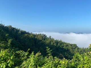 hills with beautiful clouds in the morning. Summer Mountain with green plants and clouds in the sky. wooden hut on Mountain. Texture of green tree forest view from above, Beautiful sunrise.