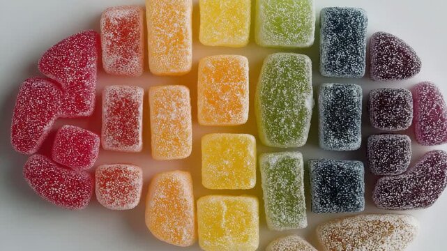 The idea of sugar dependency and its impact on cognitive processes is symbolized by colorful candies stacked in the shape of a brain on a white backdrop.