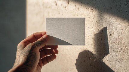 Hand holding blank card against textured wall in sunlight