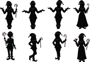 Obraz premium Christmas elf characters holding candy canes in festive poses, holiday vector illustration set for decoration, celebration, greeting design, seasonal artwork