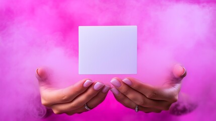 Hands holding blank white card amidst vibrant pink smoke for creative design concepts