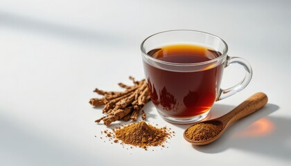 Arjuna kwath Terminalia, arjuna herbal decoction and powder with kadha isolated on white background. Ayurvedic medicine for heart