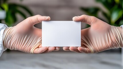 Hands in protective gloves holding blank card for medical, hygiene, or advertising concept
