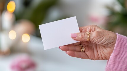 Elderly hand with gold rings holding blank card: elegant, minimalist design for branding or messaging