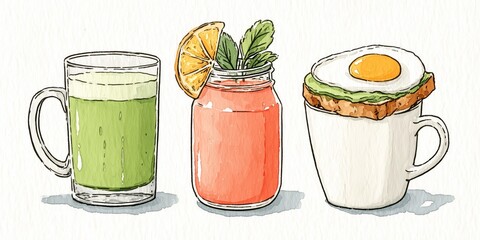 Watercolor breakfast trio: matcha latte, smoothie, avocado toast with egg